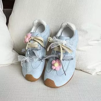 Корейские немецкие кроссовки с двойным бантом и шнуровкой женские 2025 новые милые цветочные удобные повседневные спортивные туфли Forrest Gump 35 темно-синий