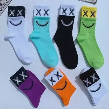 Корейские носки средней длины со смайликом для мужчин и женщин — уличные танцы, скейтбординг, спортивный хлопок с надписями в европейском, американском и японском стиле