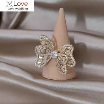 Корейские новые модные ювелирные изделия 14-каратное золотое покрытие роскошное циркониевое двухслойное кольцо-бабочка элегантные женские вечерние роскошные аксессуары Resizable белый