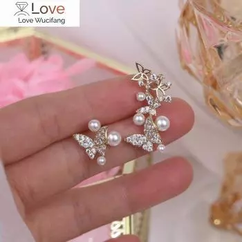 Корейские новые модные ювелирные изделия 14-каратное настоящее золотое покрытие AAA циркон бабочка асимметричные серьги элегантный жемчуг женские повседневные аксессуары белый