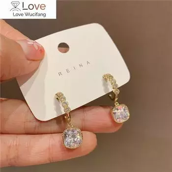 Корейские новые модные ювелирные изделия, изысканные серьги с 14-каратным настоящим золотым покрытием, простые квадратные серьги с цирконием, элегантные женские свадебные серьги белый