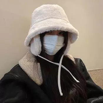 Корейские новые шапки-ведра с защитой ушей для женщин, осенние и зимние дорожные универсальные теплые ретро однотонные плюшевые мужские кепки 56-58cm бежевый