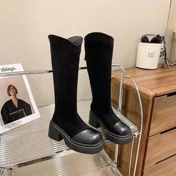 Корейские осенне-зимние кожаные рыцарские сапоги для женщин, дизайнерские туфли на мягкой подошве для женщин на платформе, модные повседневные длинные сапоги для женщин 35
