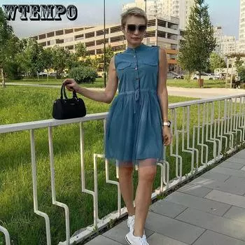 Корейские платья, женское розовое летнее сетчатое платье-рубашка миди без рукавов с поясом, тонкая блузка, униформа для девочек, повседневное платье L синий