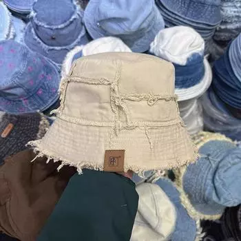Корейские покупатели Dongdaemun новые модели могут носить шляпу-ведро с небольшими краями и грубыми краями с обеих сторон, женские весенние и летние показы шляп-ведро 54-59CM бежевый
