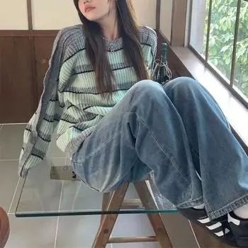 Корейские полосатые свободные свитера женская одежда контрастные цвета осень зима стильные завязки с длинным рукавом вязаные джемперы S серый/зелёный