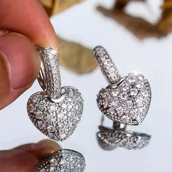 Корейские популярные полностью инкрустированные белые циркониевые серьги-кольца в форме сердца для женщин, изысканные модные украшения для вечеринок, аксессуары серебряный/белый