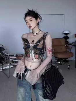 Корейские простые футболки со шнуровкой и принтом, весенние новые облегающие сетчатые топы для женщин Y2k E-Girl с длинным рукавом, футболка с короткими рукавами One Size чёрный