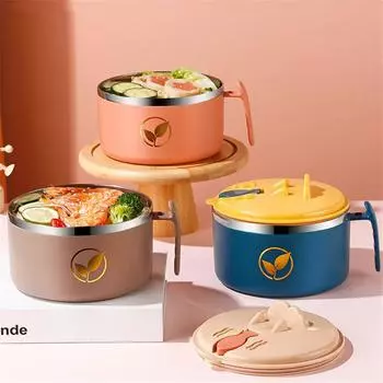 Корейские простые миски из нержавеющей стали для лапши быстрого приготовления с крышкой-ручкой, двухслойная коробка для ланча Bento, креативная кухонная миска для супа Ramen серый