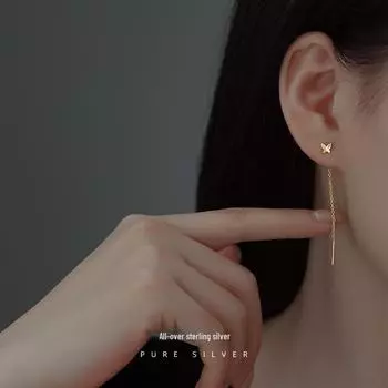 Корейские серьги-бабочки Banyan Tree из серебра 925 пробы для женщин — элегантные, на длинной цепочке, модные. ES1628, 925 Silver серебряный