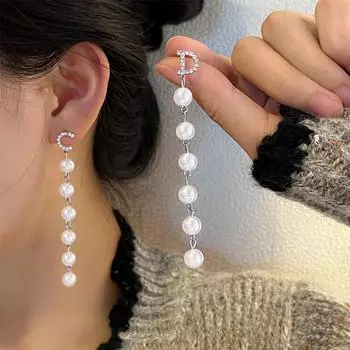 Корейские серьги-гвоздики, длинные серьги с микро-инкрустацией из стразов и жемчуга, серьги для женщин