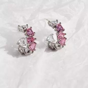 Корейские серьги-гвоздики Pure Desire Pink Zircon Love Row Diamond Stud, свежие и сладкие темпераментные серьги в форме персикового сердца, сладкие и прохладные серьги Wind 294