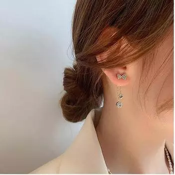 Корейские серьги-гвоздики с кисточками и бантом, 2 шт. золотистый