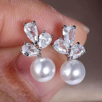 Корейские серьги-гвоздики в форме листа из искусственного жемчуга для женщин с белыми каплями циркония, свадебные украшения для вечеринки серебряный/белый