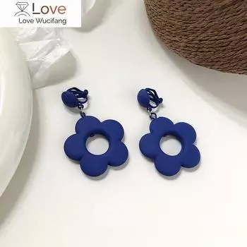 Корейские серьги-клипсы с синим цветком, без пирсинга, темпераментные серьги-клипсы с выемкой в виде цветка без проколотых ушей