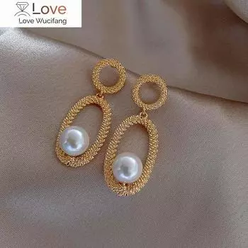Корейские серьги-подвески с геометрическим узором из жемчуга для женщин, простые французские серьги-подвески золотого цвета, женские модные украшения Brincos