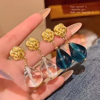 Корейские серьги-слезинки в форме розы: Зеленый кристалл во французском ретро-стиле для женщин A1825 белый