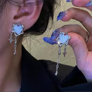 Корейские серебряные длинные серьги-кисточки в форме сердца для женщин-подростков, милые крутые серьги-подвески в форме звезды, ювелирные аксессуары
