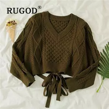 Корейские шикарные свободные джемперы с v-образным вырезом и длинными рукавами, очень короткие свитера, кружевной пуловер на спине, верхняя одежда one size зелёный