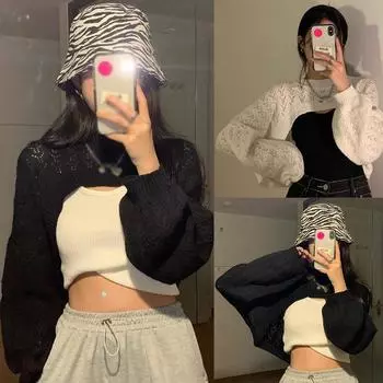 Корейские топы с длинными рукавами, блузка, короткая, многослойная, дышащая, узор