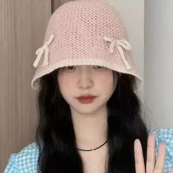 Корейские трехмерные банты, дышащие вязаные шапки, женская летняя мода, контрастные цвета, милые шапки-ведра для девочек 56-58cm чёрный