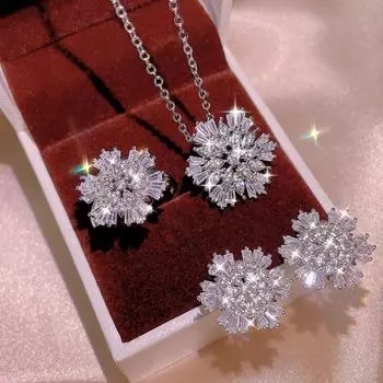 Корейские украшения из кристаллов циркония в форме снежинки, комплект из кольца, ожерелья и серег