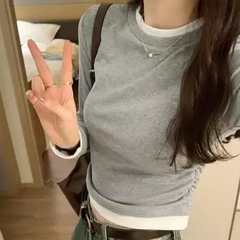 Корейские утягивающие поддельные двухсекционные топы с длинными рукавами для женщин на осень и зиму, новые стильные внутренние контрастные плиссированные короткие футболки S