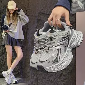 Корейские женские кроссовки на платформе осень 2024 года — повседневные, с толстой подошвой, увеличивающие рост кроссовки для студентов 37 серый