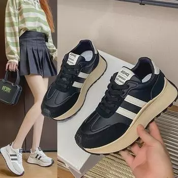«Корейские женские повседневные кроссовки, увеличивающие рост, 2024 года»: Модная, дышащая, толстая подошва для лета. 36 черный белый