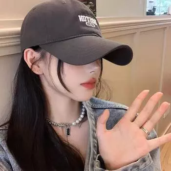 Корейский алфавит вышитый черный кепка женская с длинными полями большая окружность головы бейсболка расширенные поля показывающая лицо маленькая шляпа Adjustable (56 - 58cm)