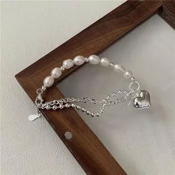 Корейский браслет с гладким сердечком из серебра 925 пробы с жемчугом — простой и стильный INS Blogger Jewelry 925 Silver