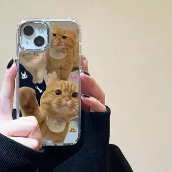 Корейский чехол для телефона с милым мультяшным котом и зеркалом для iPhone 15 Pro, чехол для iPhone 14 11 12 13 Pro Max X XS XR, противоударный чехол с сердечком Love For iPhone 13