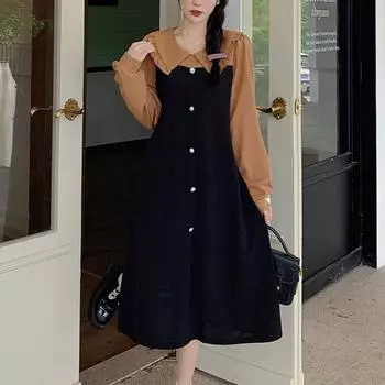 Корейский цвет поддельные две части повседневные женские платья осень длинный рукав свободная талия макси платье женщины vestidos de mujer M