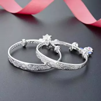 Корейский детский браслет с рисунком зодиака S999, серебряный детский браслет, пара браслетов с драконом и фениксом, благоприятное полнолуние Adjustable size