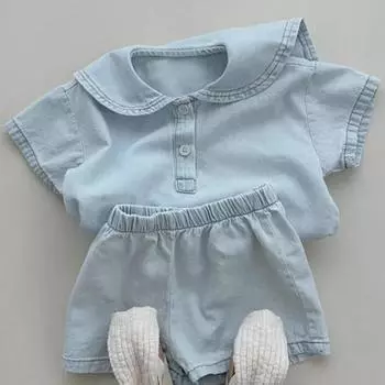 Корейский детский летний повседневный джинсовый костюм-двойка - отворот в стиле колледжа 80cm