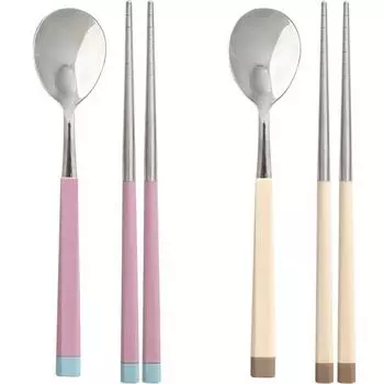 Корейский детский набор столовых приборов diyou Sangsang&Stainless Steel на 2 персоны, розовый, цвет слоновой кости, 2 вида ложек + 2 вида палочек для еды, 1 комплект