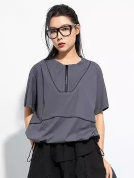 Корейский дизайн летние футболки на молнии женские 2024 свободные повседневные роскошные топы с круглым вырезом женская классическая одежда Харадзюку One Size чёрный