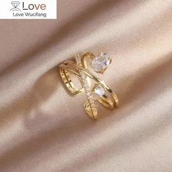 Корейский дизайн, модные украшения, 14-каратное настоящее золотое покрытие, многослойное кольцо с цирконом, элегантное женское регулируемое кольцо с отверстием Resizable белый