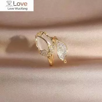 Корейский дизайн, модные украшения, 14-каратное настоящее золотое покрытие, лист, циркон, опал, кольцо-тюльпан, элегантное женское регулируемое кольцо с отверстием Resizable белый