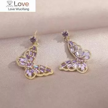 Корейский дизайн модные ювелирные изделия 14 карат настоящее золотое покрытие фиолетовые розовые циркониевые серьги-бабочки милые женские повседневные серьги розовый