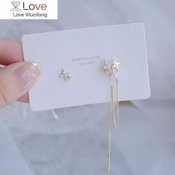 Корейский дизайн, модные ювелирные изделия, 14-каратное позолоченное цирконие, асимметричные серьги-цепочки со звездами, элегантные женские свадебные аксессуары, кулон белый