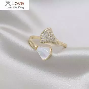Корейский дизайн, модные ювелирные изделия, 14-каратное настоящее золотое покрытие, изысканное кольцо-веер с ракушкой из циркония класса ААА, элегантное женское выпускное вечернее открытое кольцо Resizable золотой