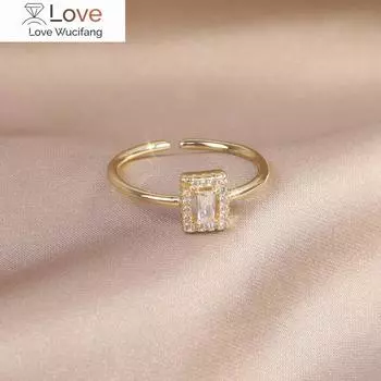 Корейский дизайн, модные ювелирные изделия, 14-каратное настоящее золотое покрытие, простое квадратное циркониевое кольцо, элегантное женское повседневное открывающееся регулируемое кольцо Resizable белый