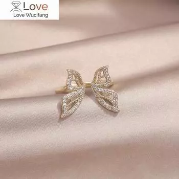 Корейский дизайн, модные ювелирные изделия, 14-каратное настоящее золотое покрытие, циркониевое полое кольцо-бабочка, элегантные женские повседневные рабочие аксессуары Resizable белый