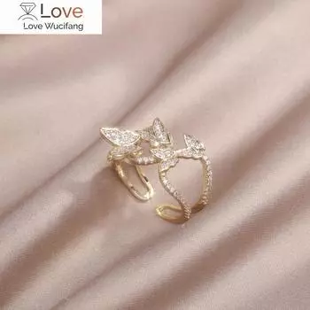 Корейский дизайн модные ювелирные изделия 14K настоящее золотое покрытие четыре бабочки циркон кольца элегантные женские повседневные рабочие открытые кольца Resizable белый