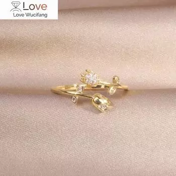 Корейский дизайн модные ювелирные изделия 14K настоящее позолоченное листовое цирконие кошка двойной тюльпан кольцо элегантное женское открывающееся регулируемое кольцо Resizable белый