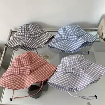 Корейский дизайнер клетчатая козырек женская шляпа-ведро с бантом и плоским верхом, большие поля, показывающие раковину M56-58cm синий