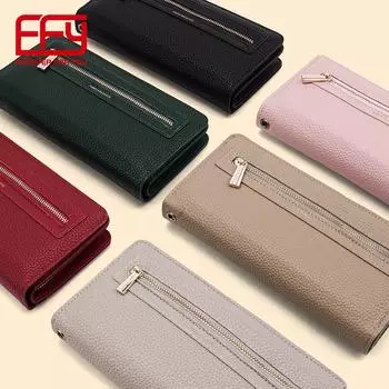 Корейский длинный кошелек FFY: Модный однотонный цвет, простая конструкция на молнии, несколько отделений для карт, вместительный кошелек для монет. коричневый