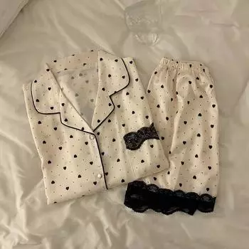 Корейский Ins Advanced Sense of Пижама Домашняя одежда Костюм Ice Silk Весна и лето Тонкая Пижама Женский Кардиган Домашняя одежда M(40-50kg)