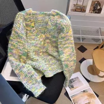 Корейский кардиган на осень и зиму, милый вязаный свитер с v-образным вырезом, уникальный жемчужный пуговица и длинными рукавами, разноцветный вязаный свитер, женский кардиган